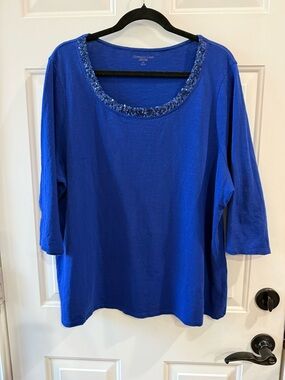 Coldwater Creek Royal Blue Scoop Neck Sequin Trim Long Sleeve Tee